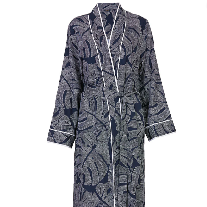 Fable and Eve Long Dressing Gown - Knightsbridge Navy Leaf
