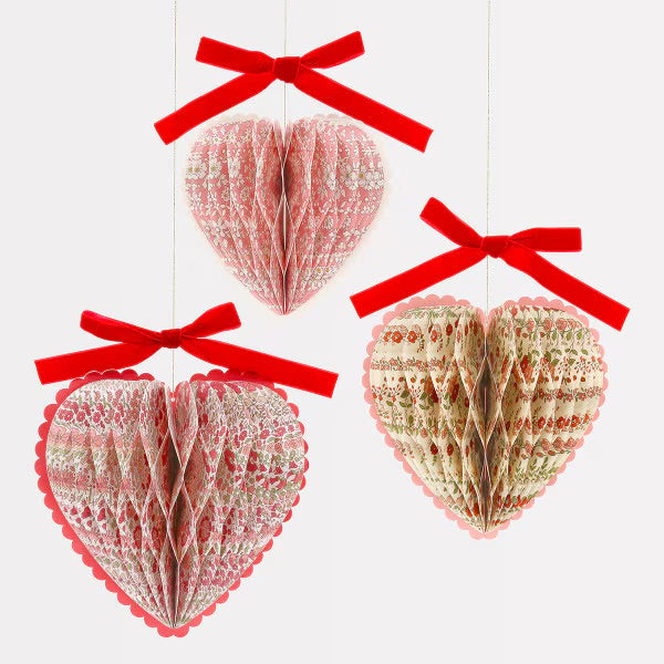 Meri Meri x Liberty Paper Honeycomb Heart Decorations (Set of 3) | Liberty Party Decorations