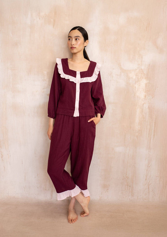 TBCo - Cotton Pyjamas in Burgundy Ruffle