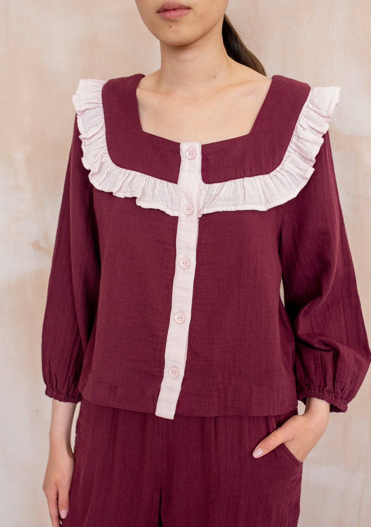 TBCo - Cotton Pyjamas in Burgundy Ruffle