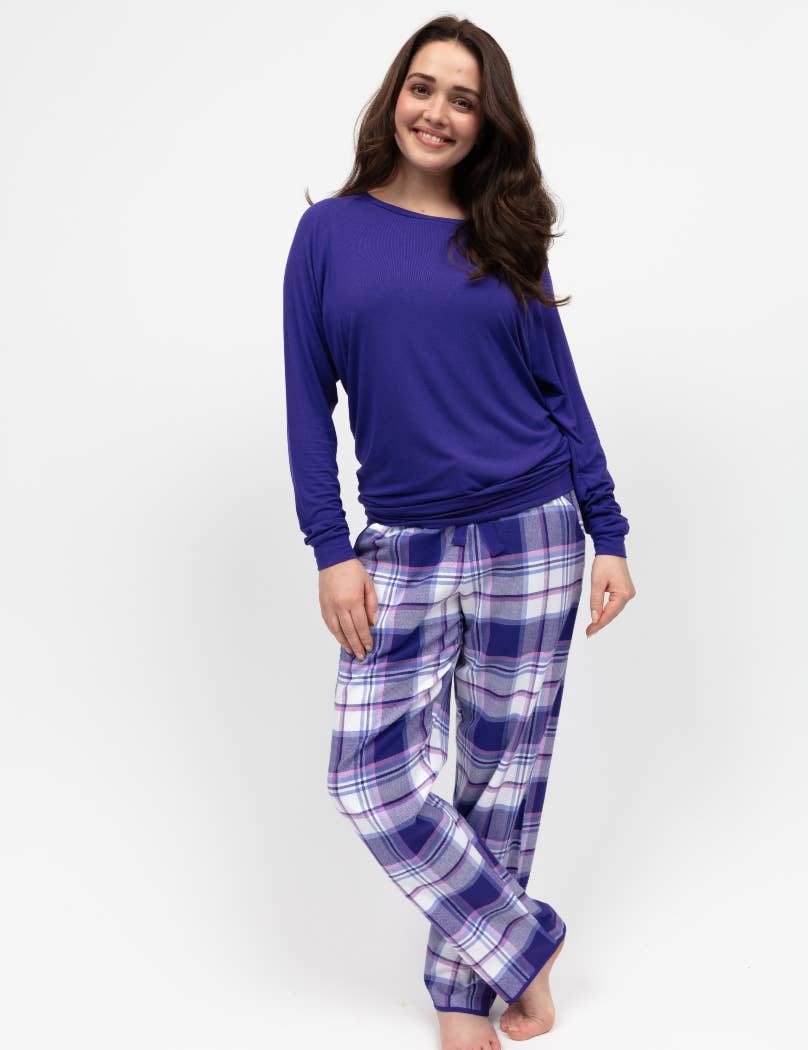 Cyberjammies - Evolet Purple Jersey Slouch Top and Check Bottom Pyjama Set
