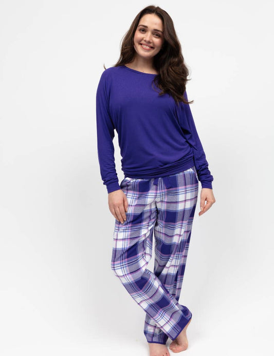 Cyberjammies - Evolet Purple Jersey Slouch Top and Check Bottom Pyjama Set