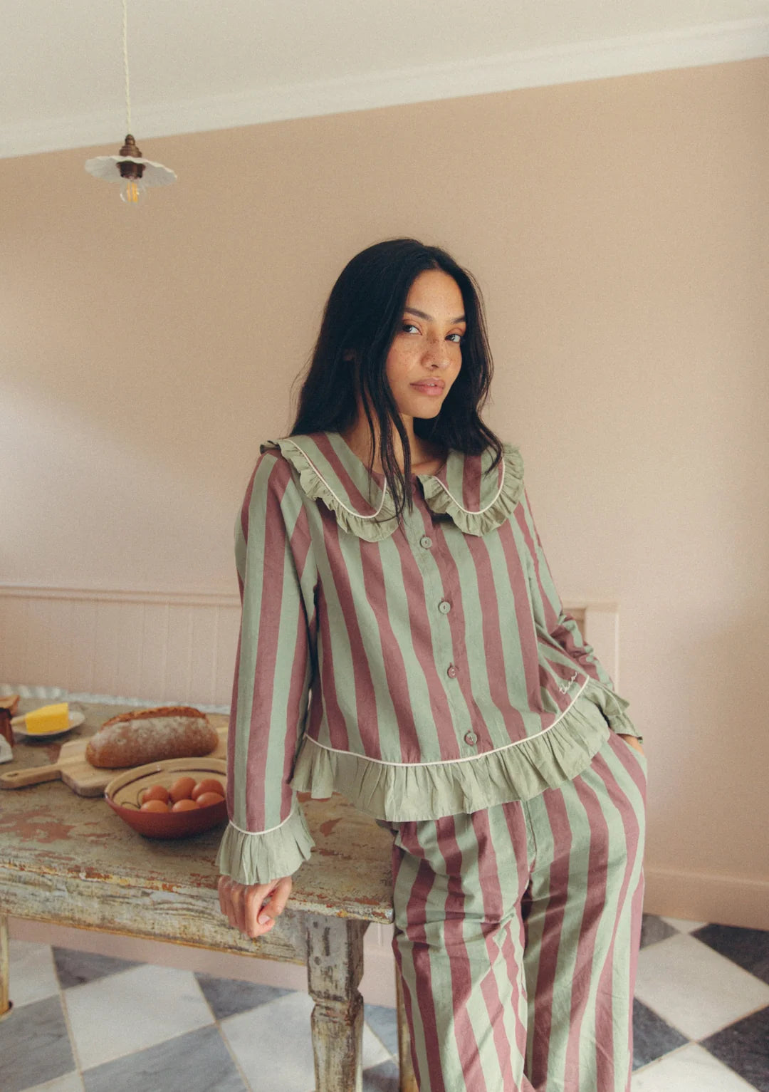 NEW ARRIVAL  TBCo Cotton Pyjamas – Sage & Brown Strip