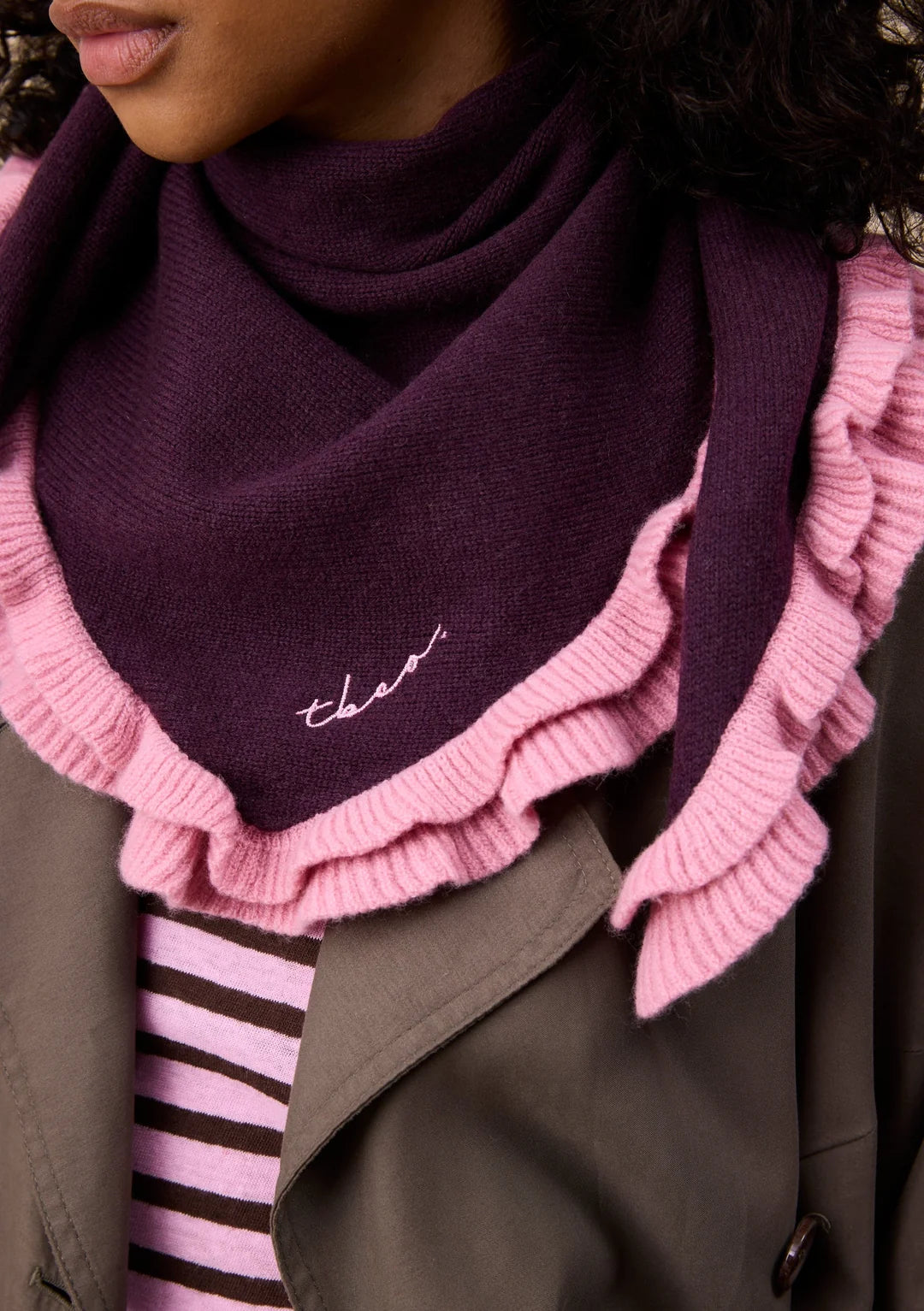 NEW ARRVAL. TBCo Merino Wool Triangle Scarf – Fig Double Ruffle