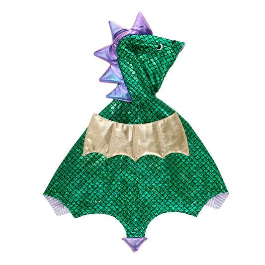 Green dinosaur costume with purple spikes on a white background