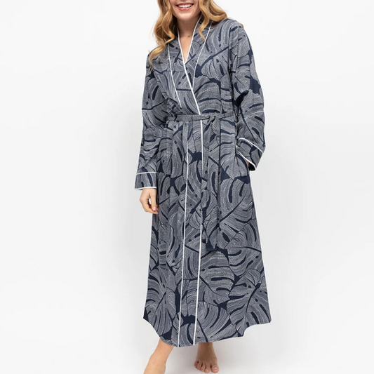Fable and Eve Long Dressing Gown - Knightsbridge Navy Leaf