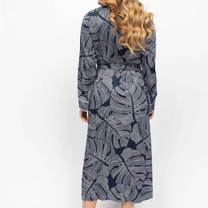 Fable and Eve Long Dressing Gown - Knightsbridge Navy Leaf