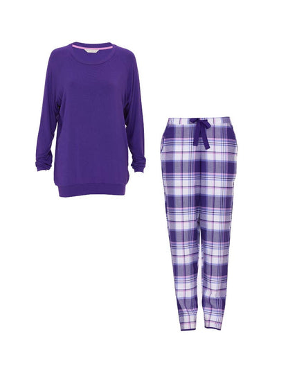 Cyberjammies - Evolet Purple Jersey Slouch Top and Check Bottom Pyjama Set