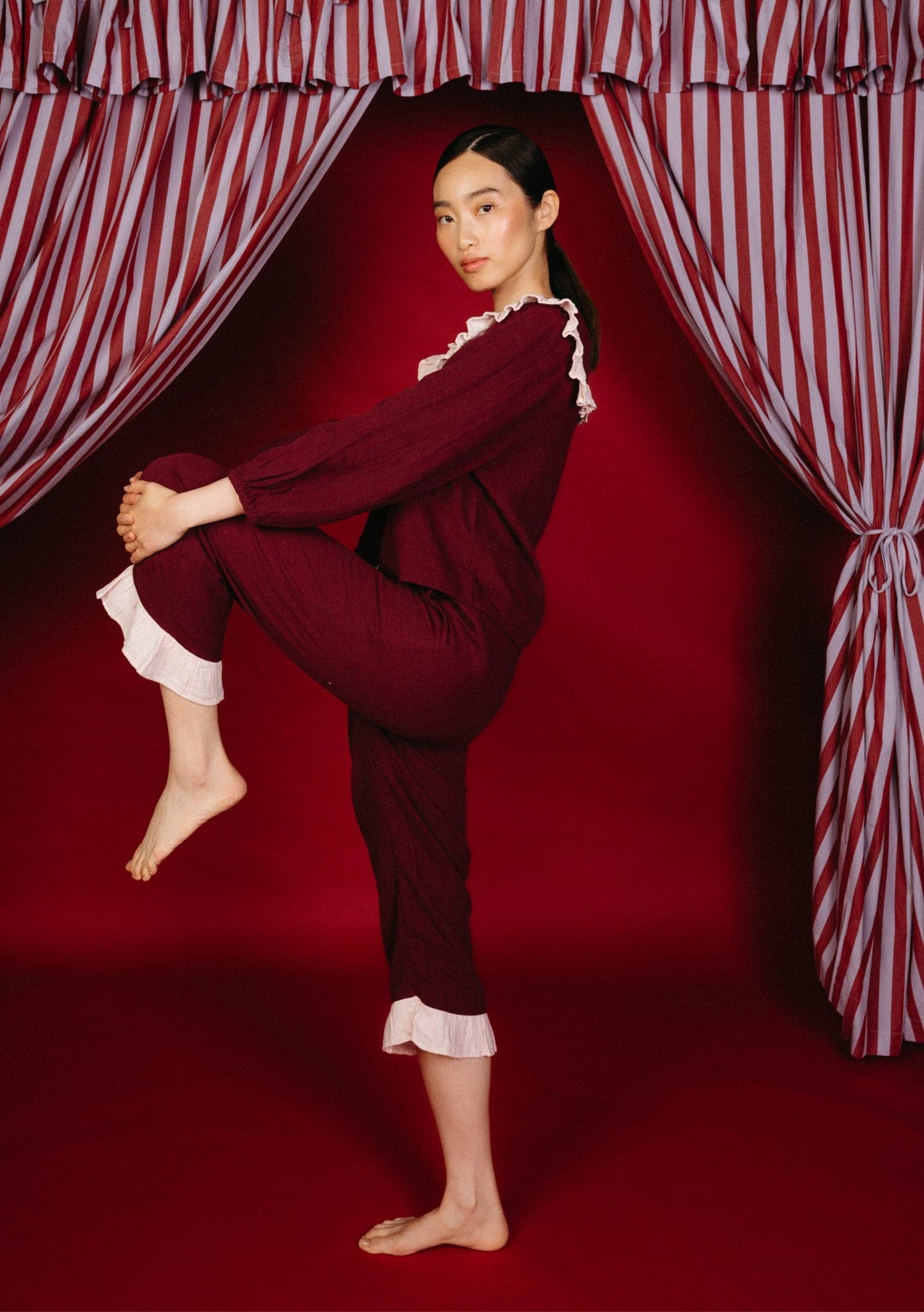TBCo - Cotton Pyjamas in Burgundy Ruffle