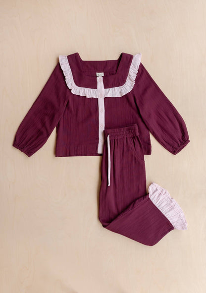 TBCo - Cotton Pyjamas in Burgundy Ruffle